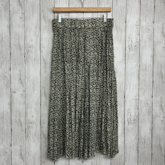 Apricot Pebble Daisy Green Floral Flowy Pleated Cottage Fairy Flared Maxi Skirt - Picture 1 of 9